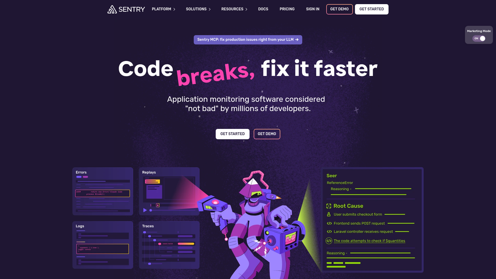 Screenshot of the Sentry page analyzed in this UX review