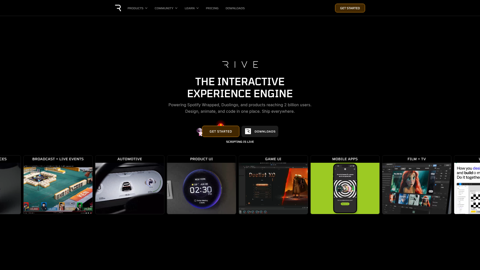 Screenshot of the Rive page analyzed in this UX review