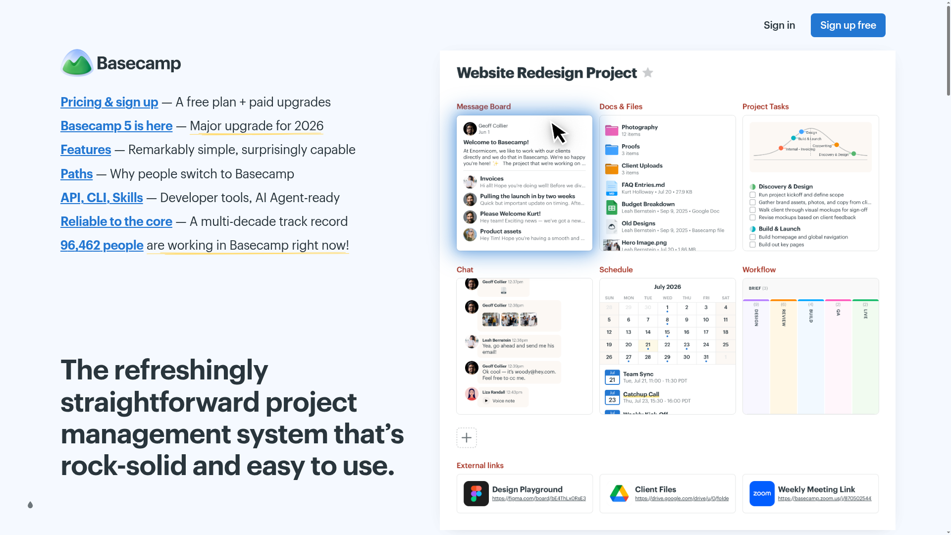 Screenshot of the Basecamp page analyzed in this UX review