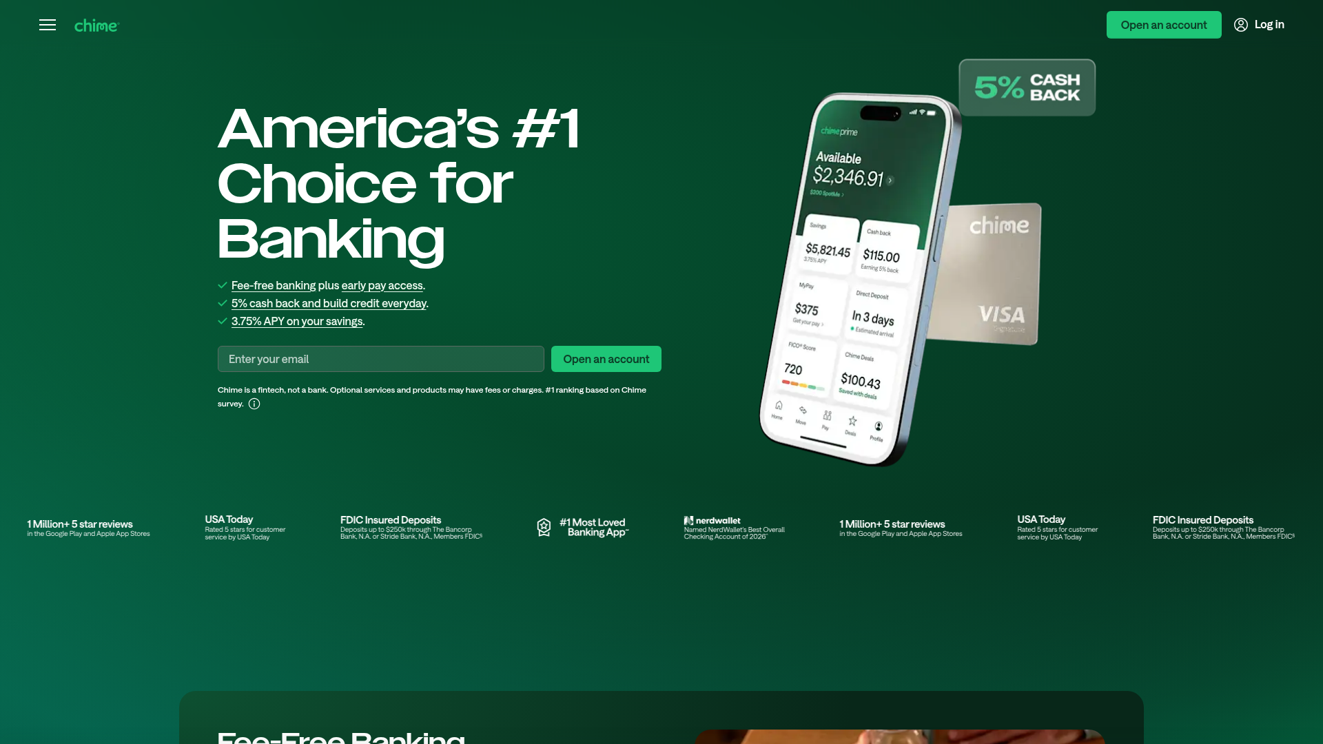 Screenshot of the Chime page analyzed in this UX review