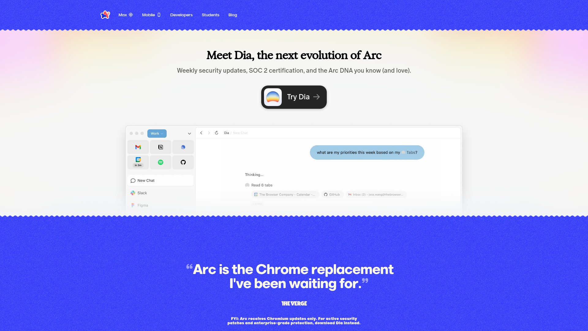 Screenshot of the Arc page analyzed in this UX review