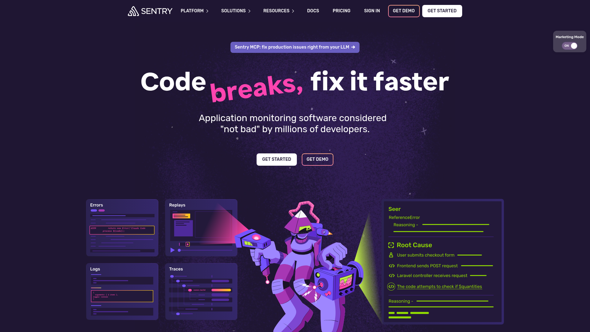 Screenshot of the Sentry page analyzed in this UX review