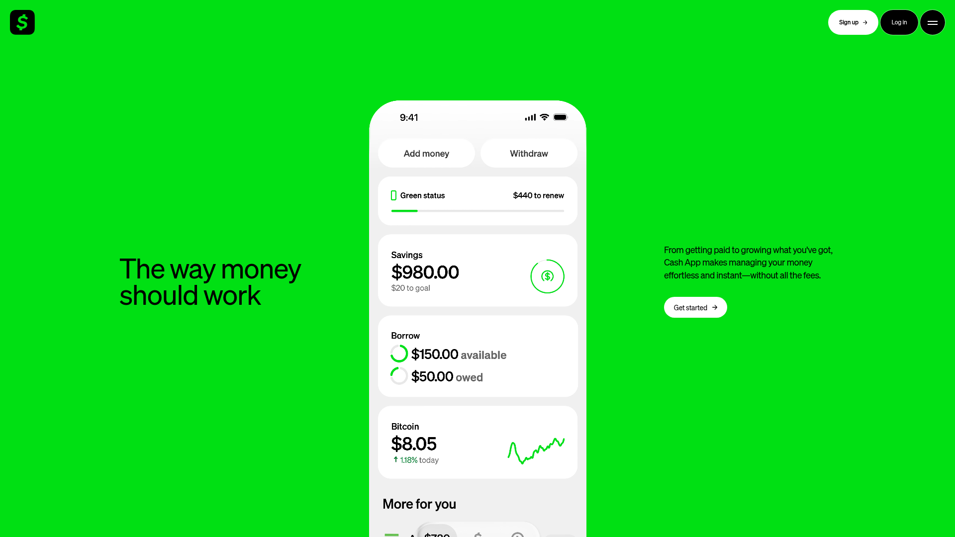 Screenshot of the Cash page analyzed in this UX review