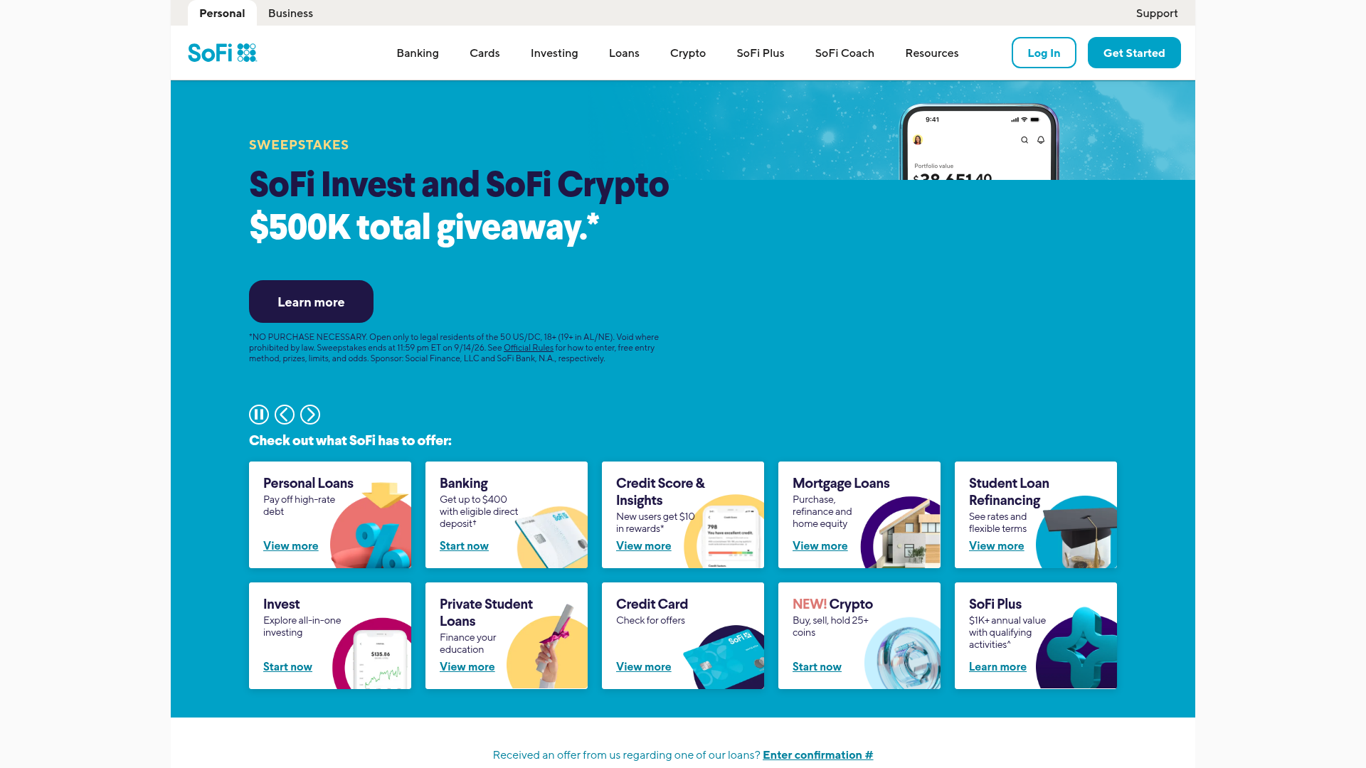 Screenshot of the Sofi page analyzed in this UX review