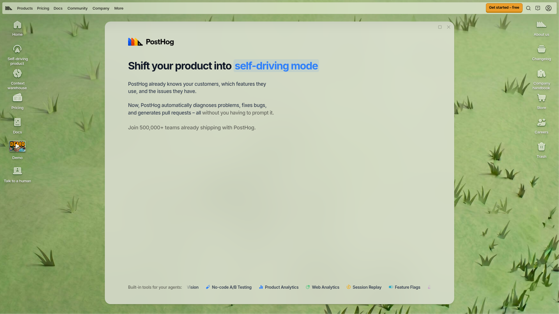 Screenshot of the Posthog page analyzed in this UX review