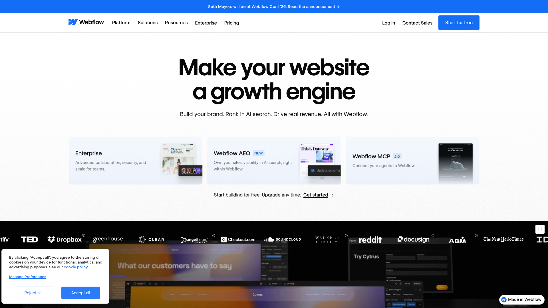 Screenshot of the Webflow page analyzed in this UX review
