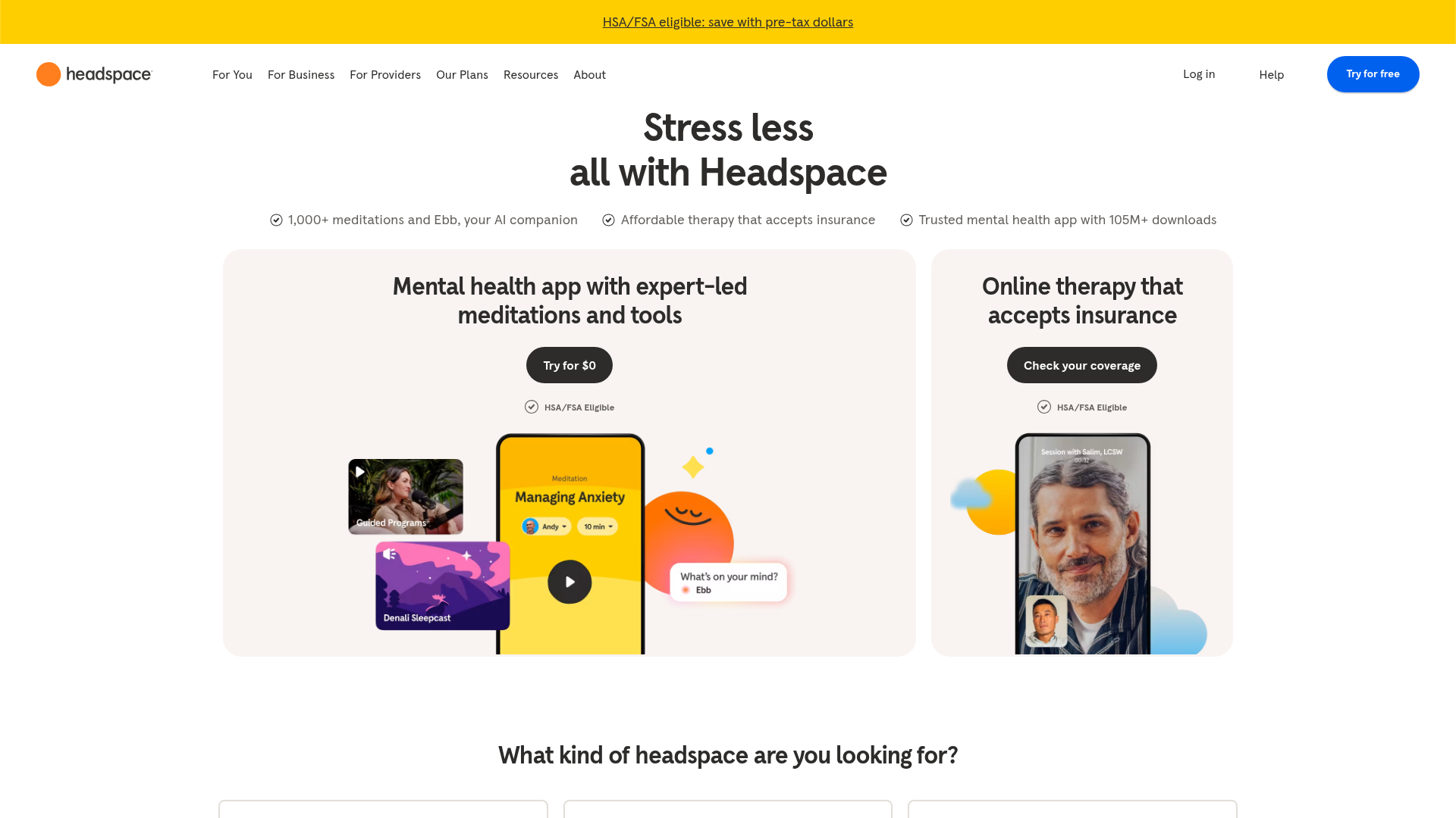 Screenshot of the Headspace page analyzed in this UX review