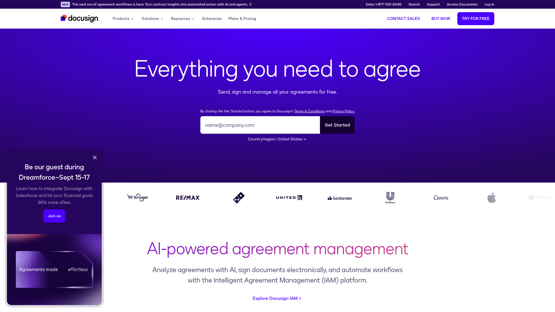 Screenshot of the Docusign page analyzed in this UX review