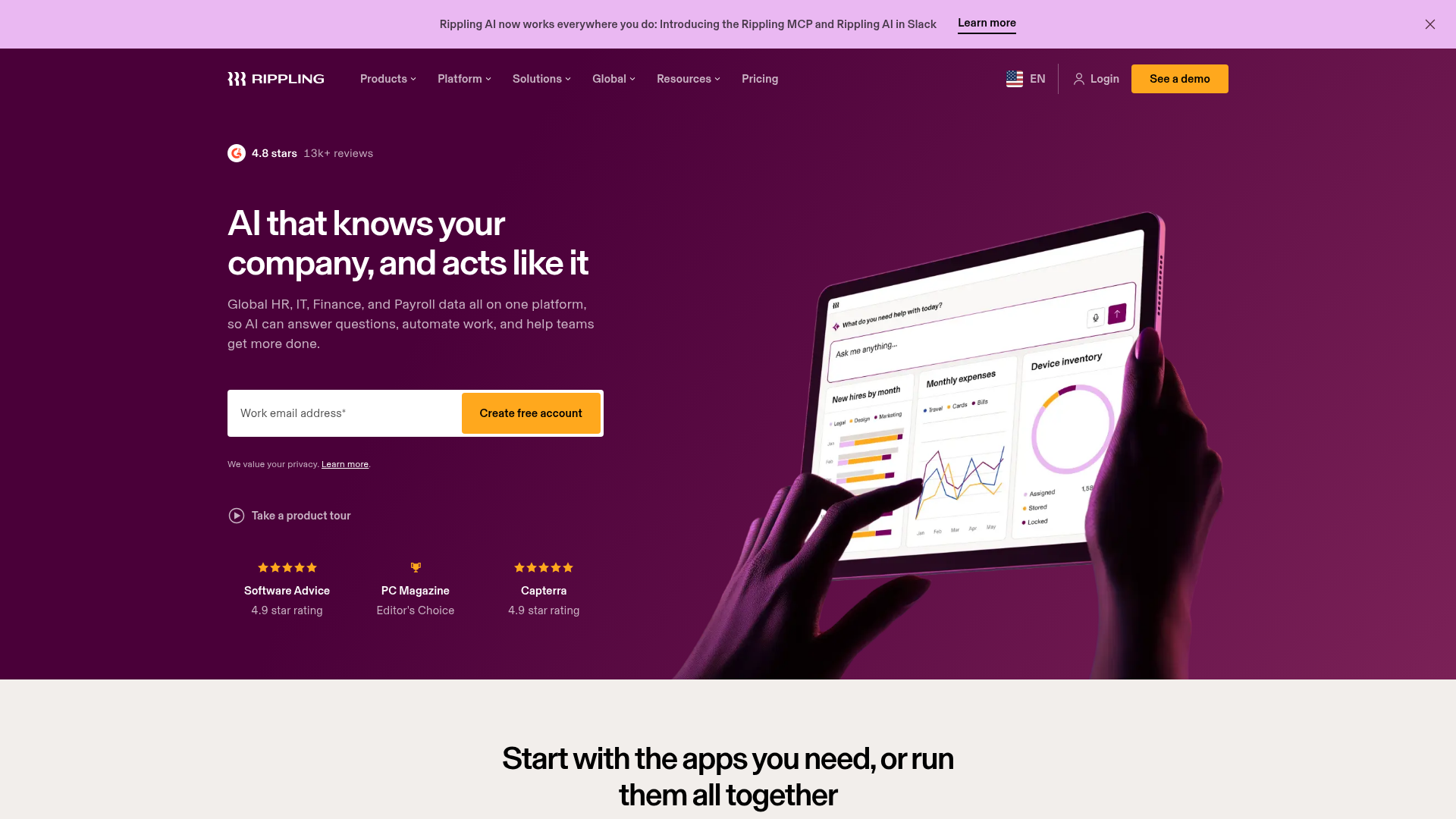 Screenshot of the Rippling page analyzed in this UX review