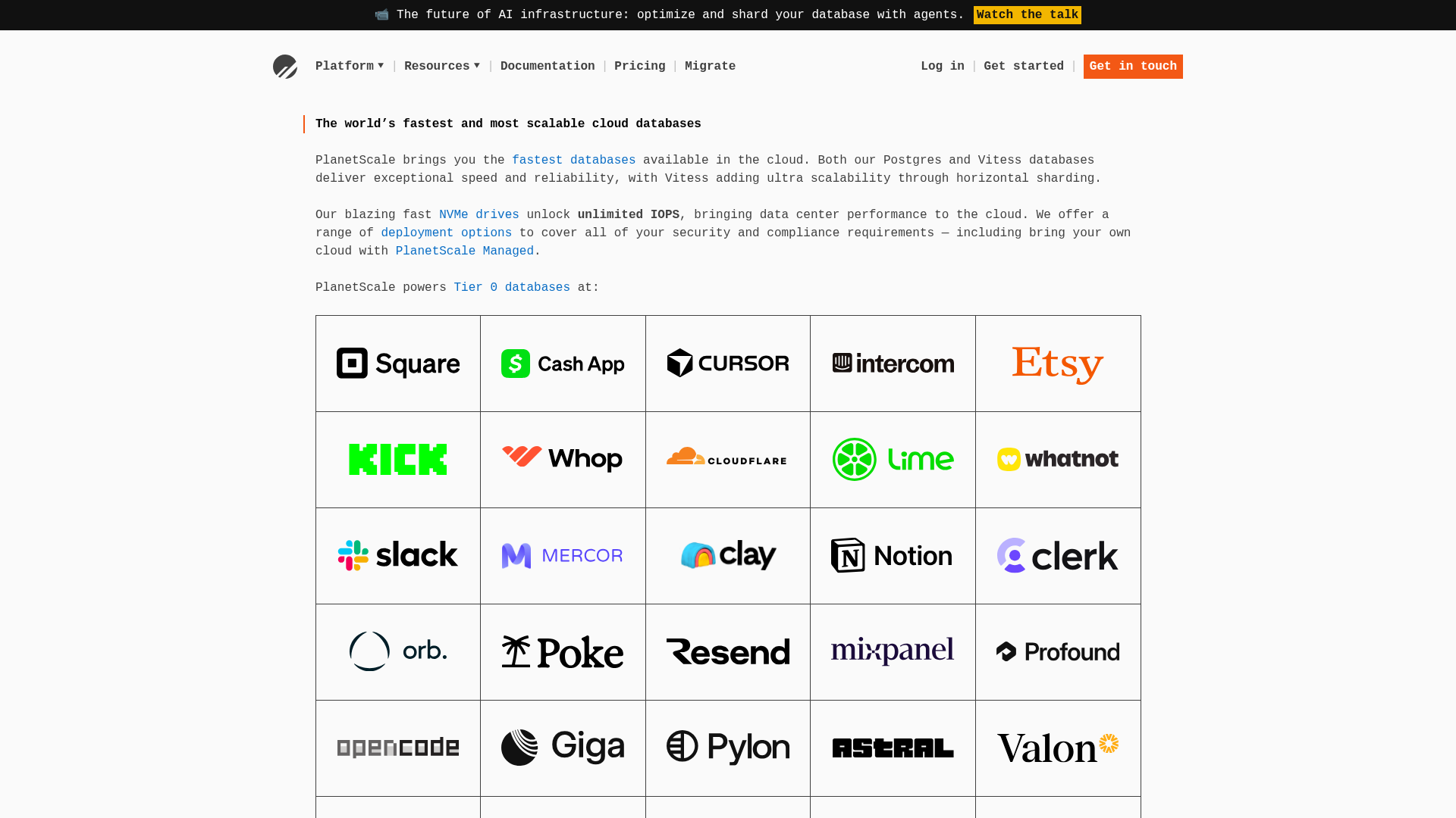 Screenshot of the Planetscale page analyzed in this UX review