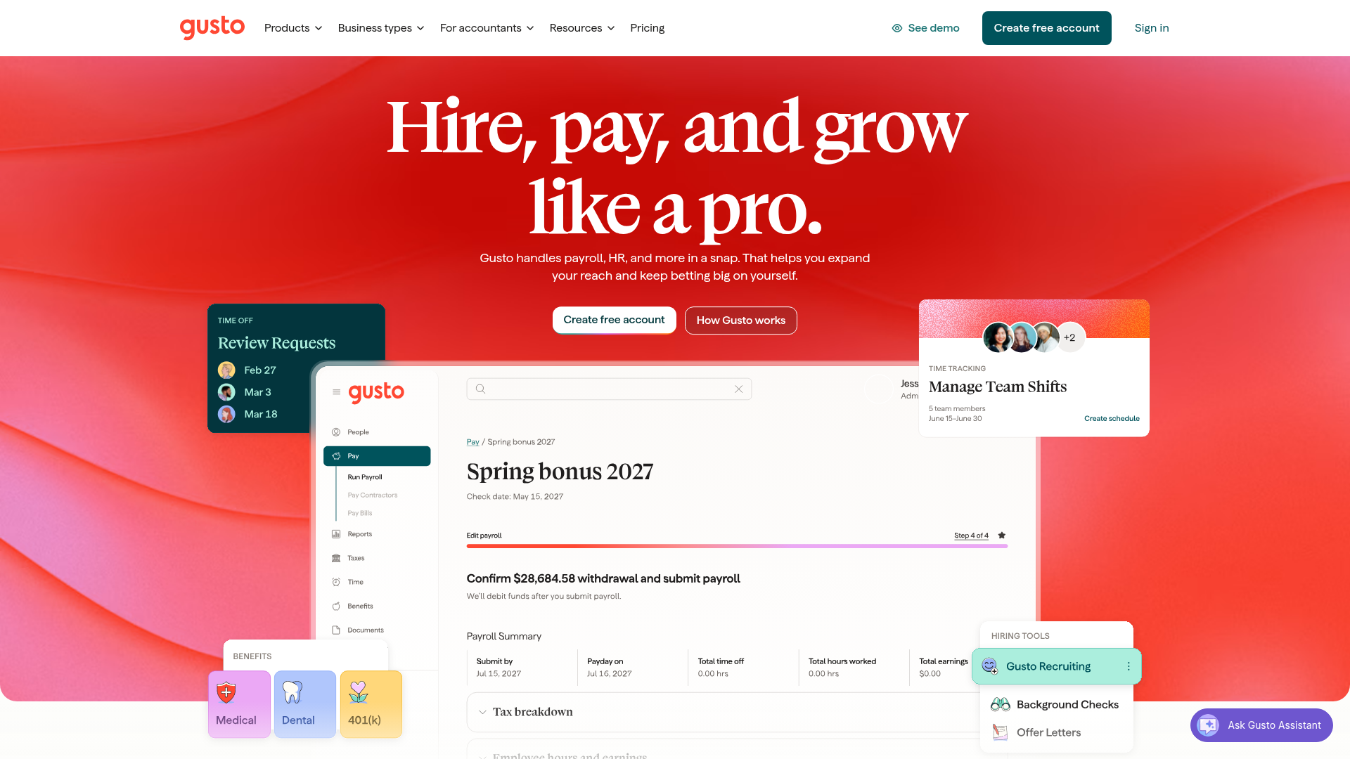 Screenshot of the Gusto page analyzed in this UX review